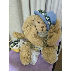 Vintage Floppy Ear Country Bunny Picnic, Plush, Easter, Floral Dress, 18" Sits